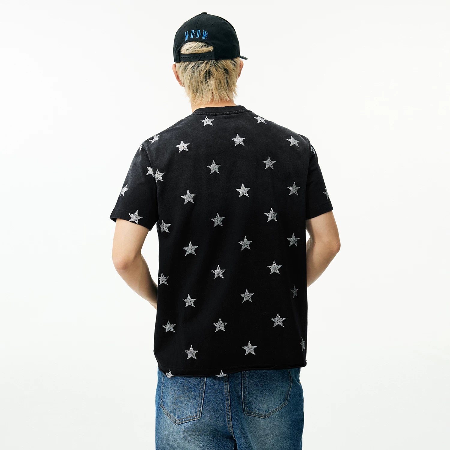 MEDM contrasting logo printed with stars, washed and worn, casual round neck T-shirt, American retro loose short sleeved for men and women