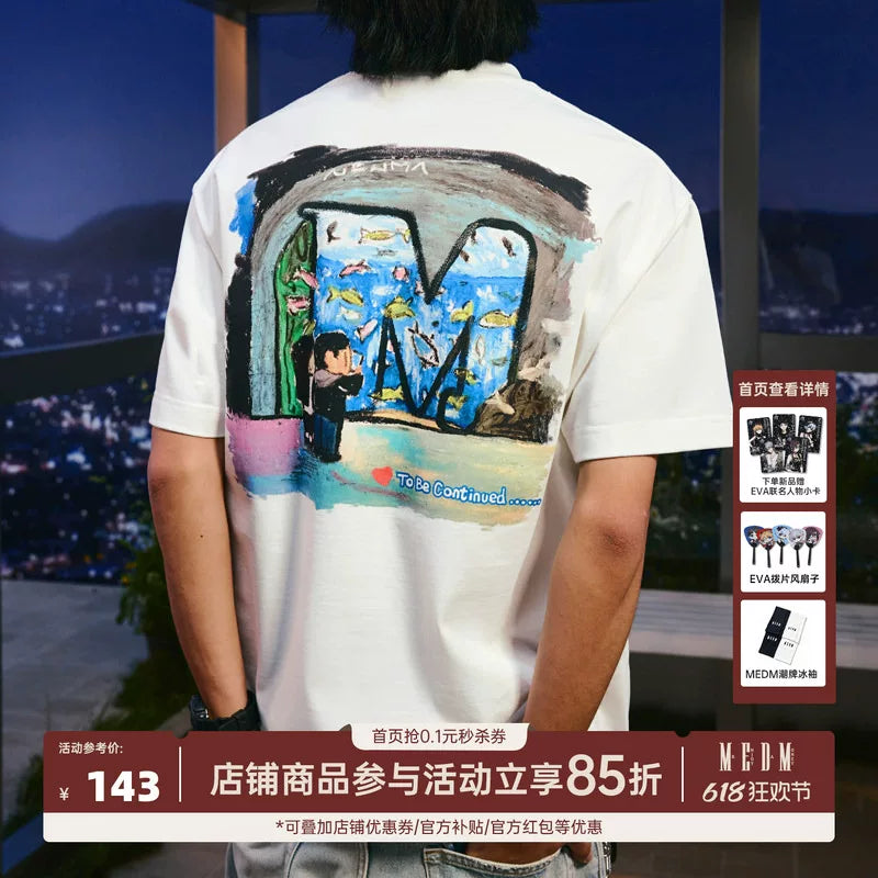 MEDMxNewmasus Co branded Aquarium Short Sleeve T-shirts for Men and Women Couples China-Chic Casual Half Sleeve Summer T-shirts