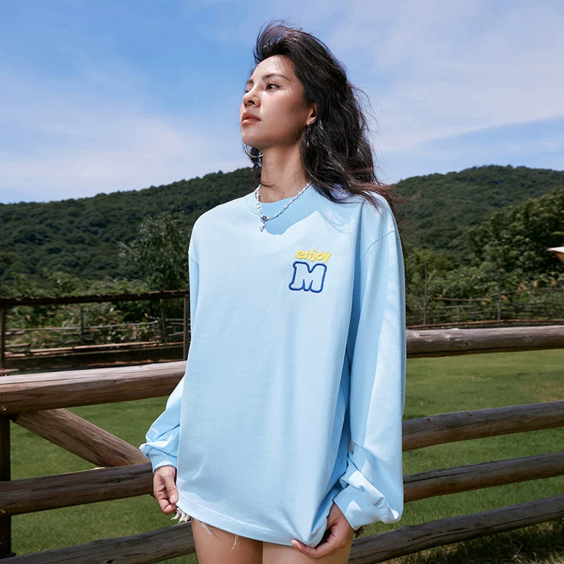 MEDM Color Contrast M Embroidery Small Label Basic Long Sleeve T-shirt Spring and Autumn Round Neck Loose Autumn Versatile Casual Base Tee