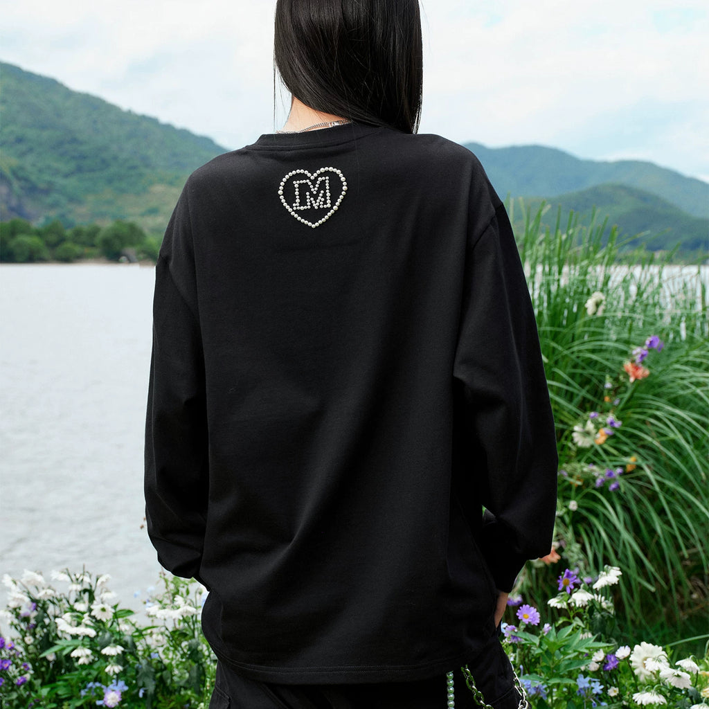 MEDM Love Sticker Small Fragrant Fabric Nail Bead Long Sleeve T-shirt Street Trendy Brand Couple Casual Bottom Shirt Top Autumn