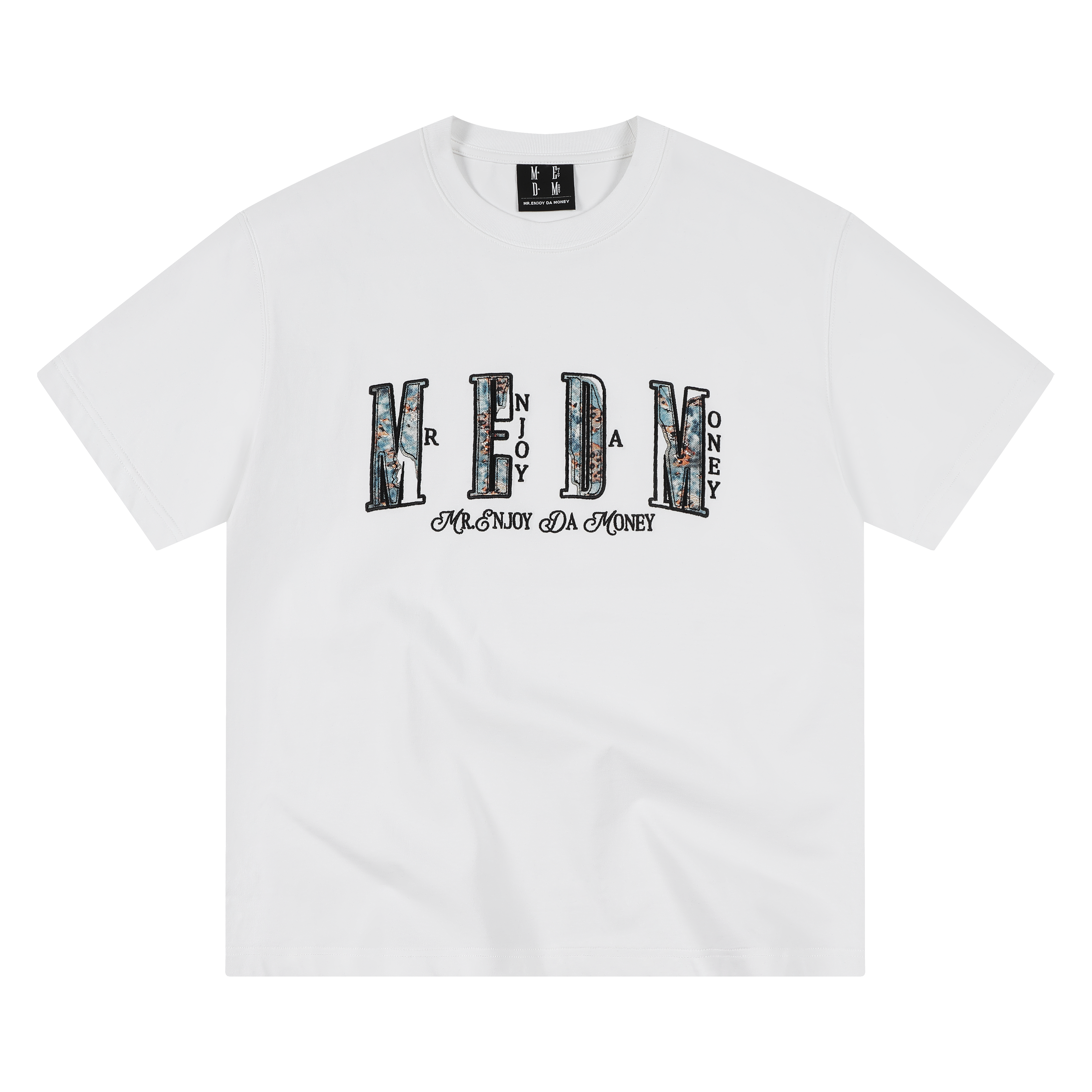 MEDM lace leopard print denim distressed logo sticker casual round neck T-shirt American street loose basic short sleeved shirt