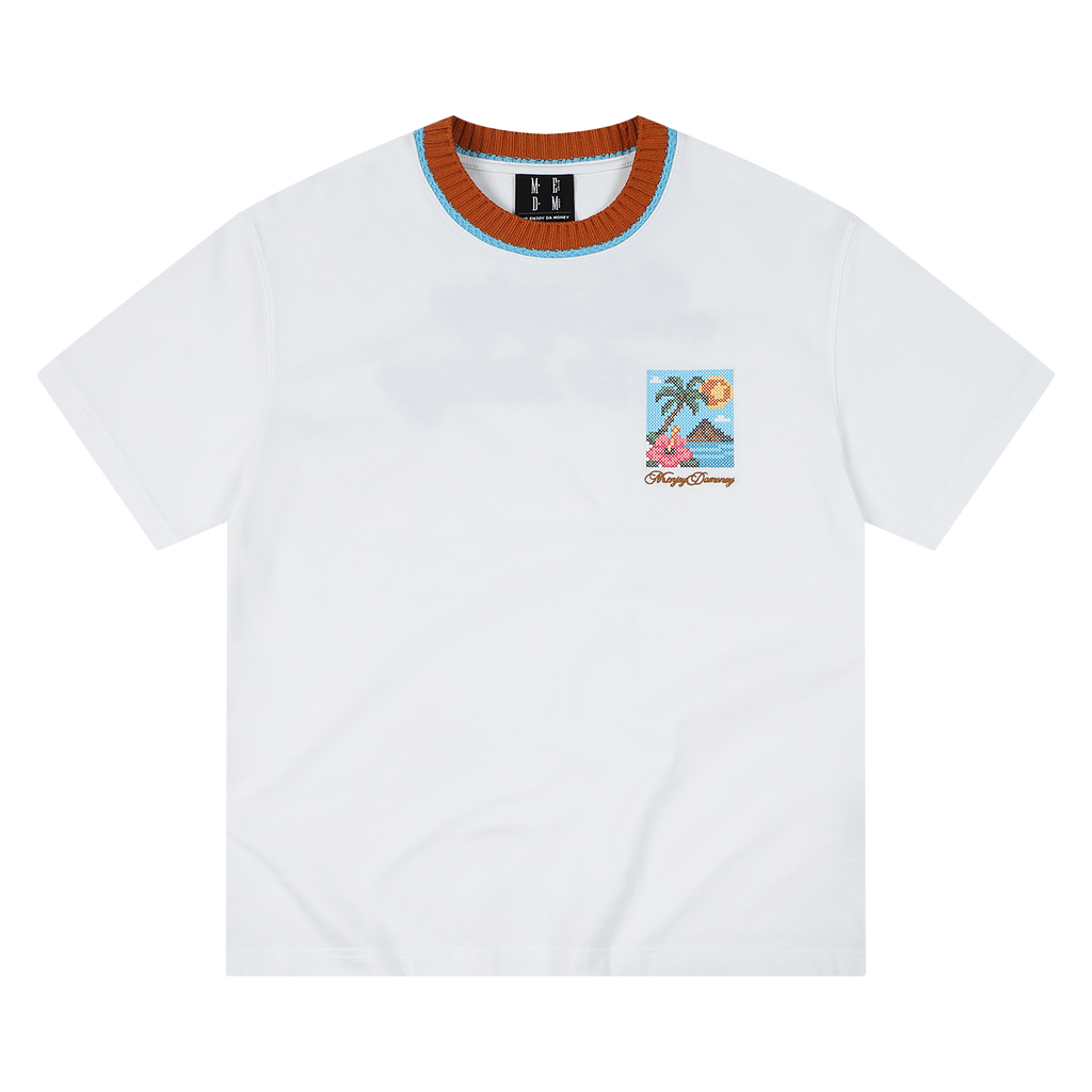 MEDM color blocking patchwork knit collar beach cross embroidery casual short sleeved retro three-dimensional embroidery loose T-shirt for men and women