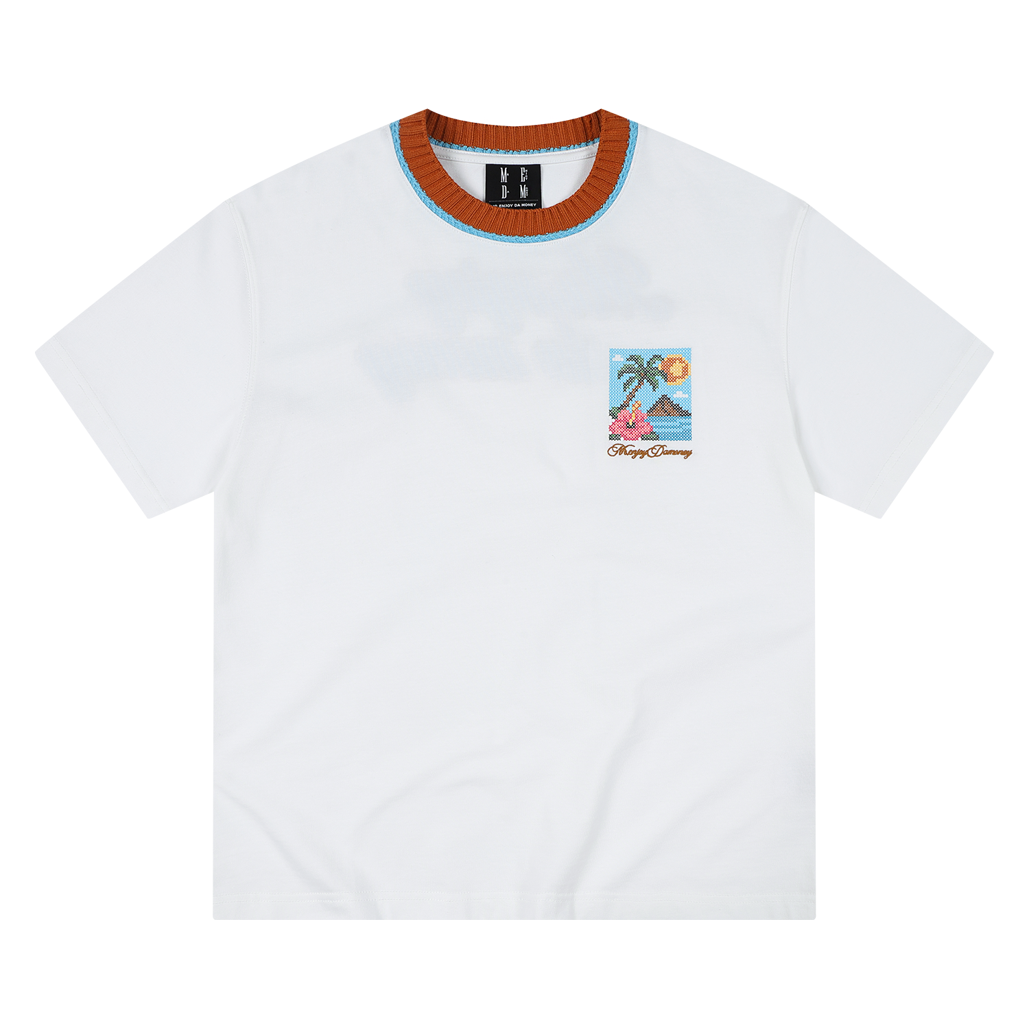 MEDM color blocking patchwork knit collar beach cross embroidery casual short sleeved retro three-dimensional embroidery loose T-shirt for men and women