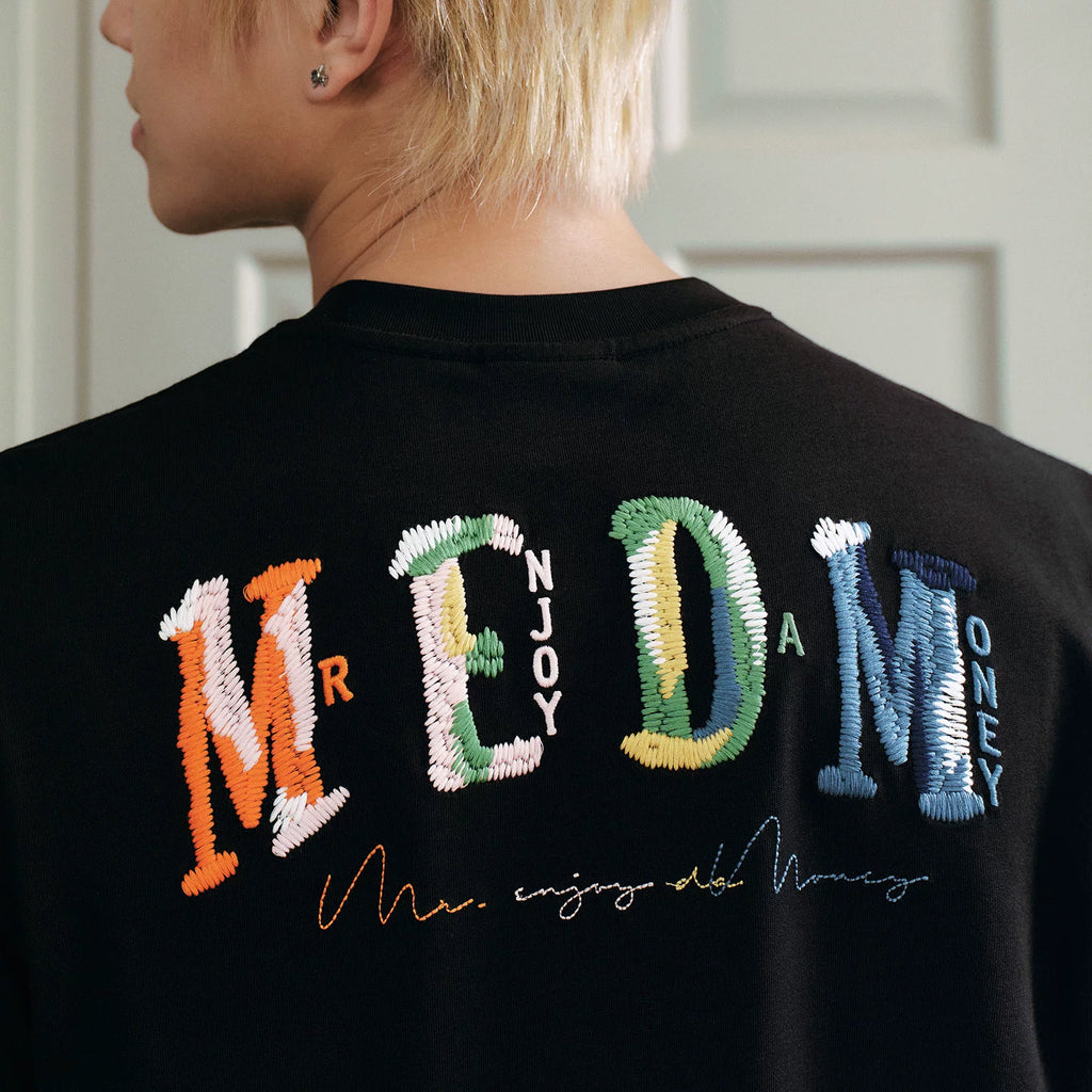 MEDM Woolen Embroidered Logo Casual Round Neck T-shirt American Street Loose Shoulder Men's and Women's Short Sleeves Summer