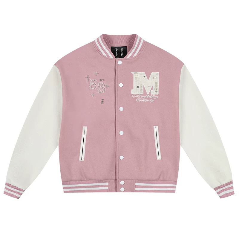 MEDM color blocking patchwork nail pearl casual stand up baseball jacket autumn American men's and women's loose long sleeved jacket jacket
