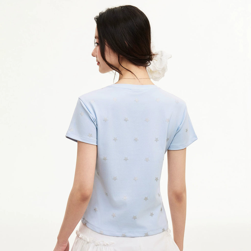 MEDM Little Fragrant Style Double layered Leather Shining Powder Full Star Printed Round Neck Short Sleeve American Retro Spicy Girl Style T-shirt Summer