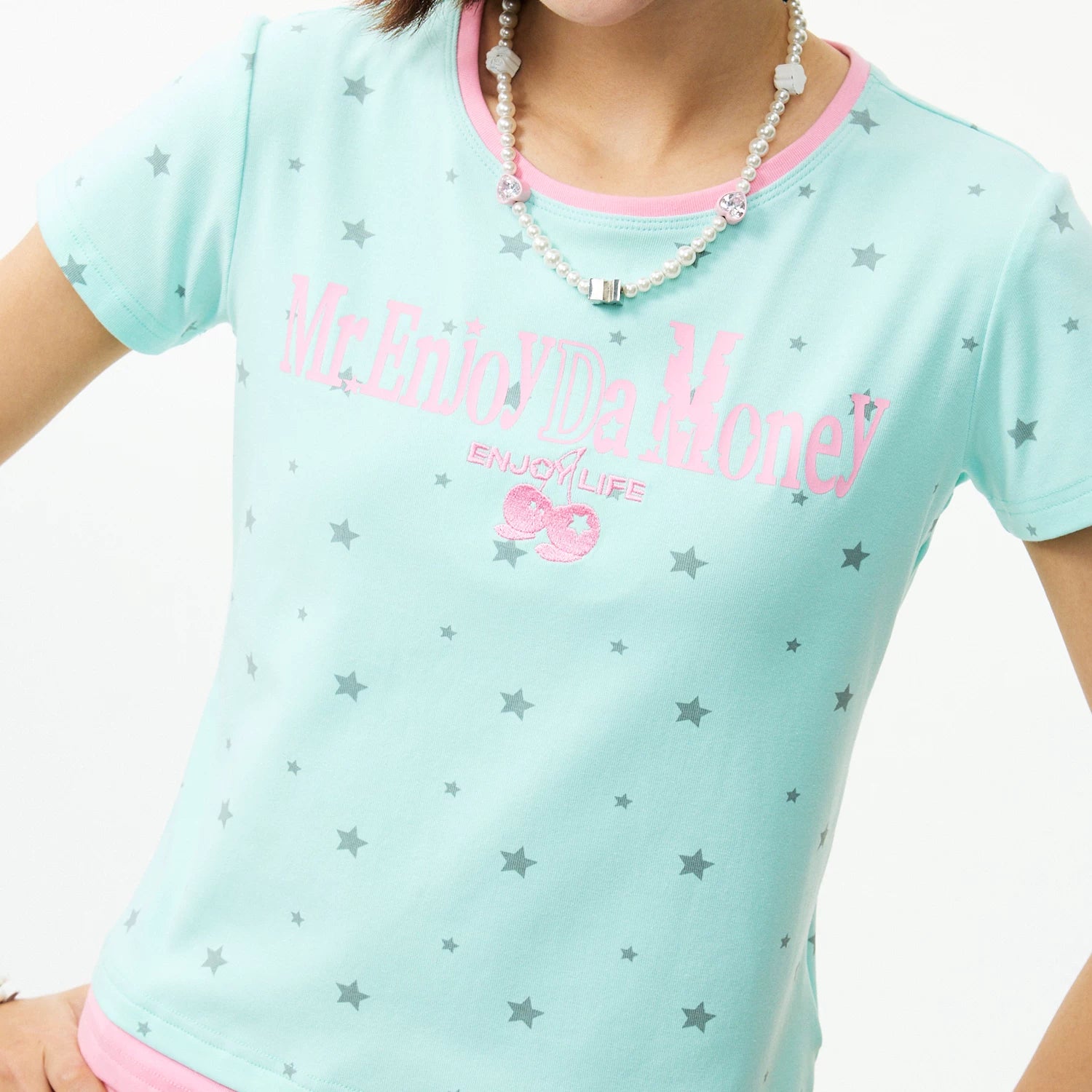 MEDM Color Star Wave Dot Fake Two piece T-shirt Women's Style Letter Printed Girl Feel Casual Round Neck Short Sleeve Summer