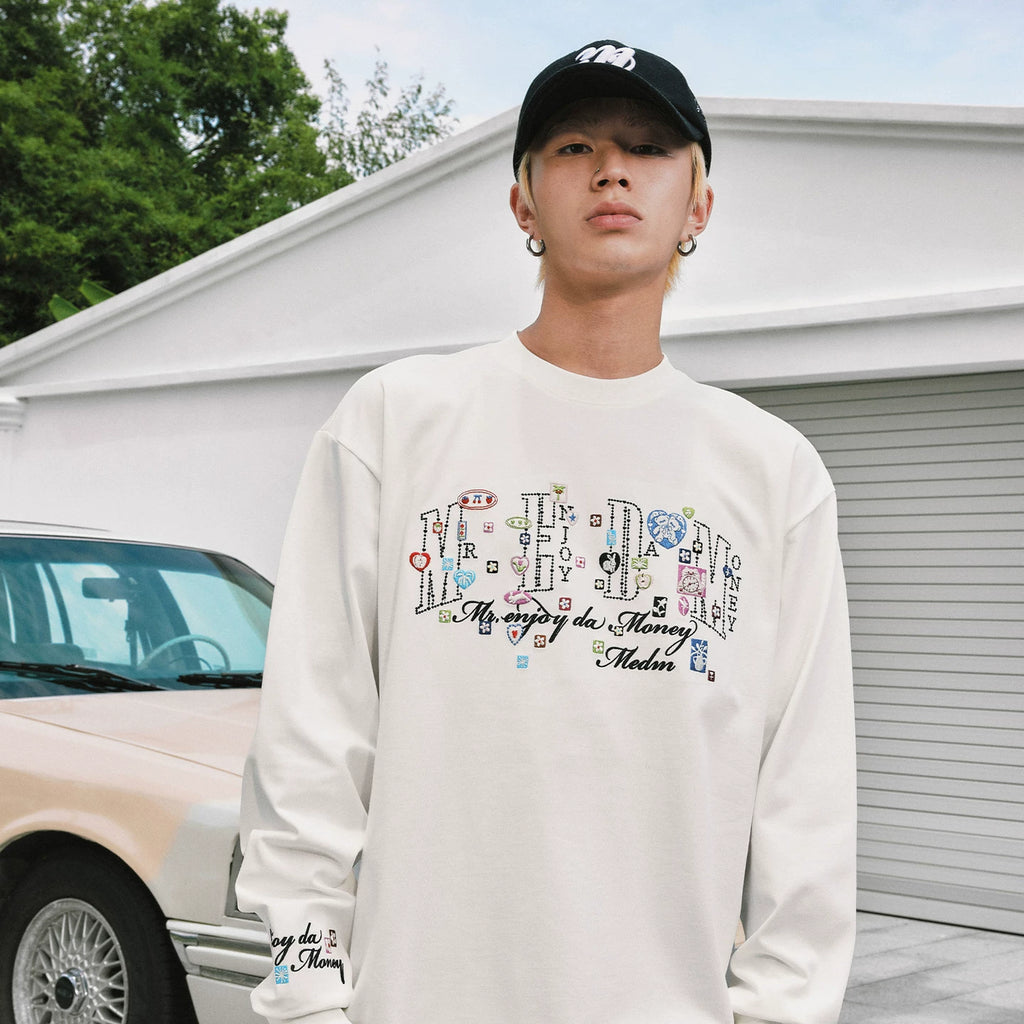 MEDM Cute Cartoon ICON Printed Casual Round Neck Long Sleeve T-shirt Cotton Loose Couple Base Top Autumn