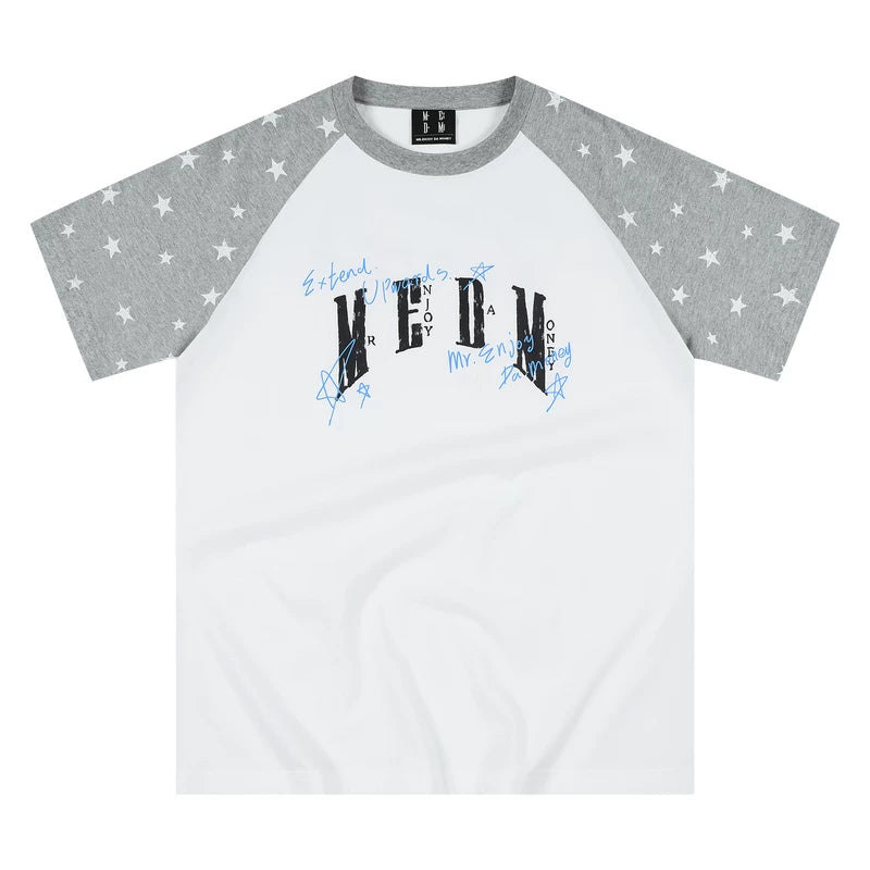 MEDM Handwritten Graffiti Printed Stars Full Print Casual Off Shoulder Short Sleeve Men's and Women's Loose Round Neck T-shirt Summer
