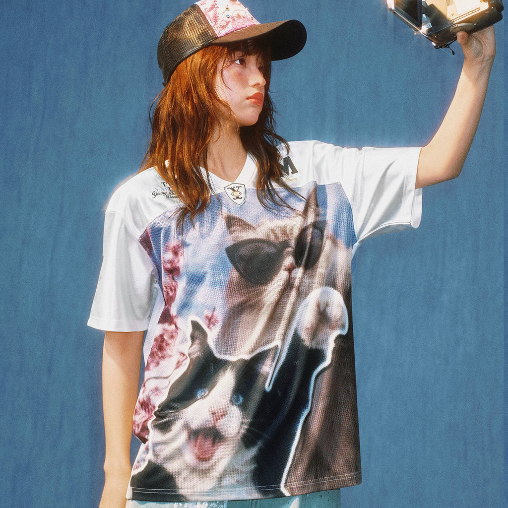 MEDMxYAD collaboration healing cute pet photography print casual short sleeved football suit American retro couple T-shirt summer