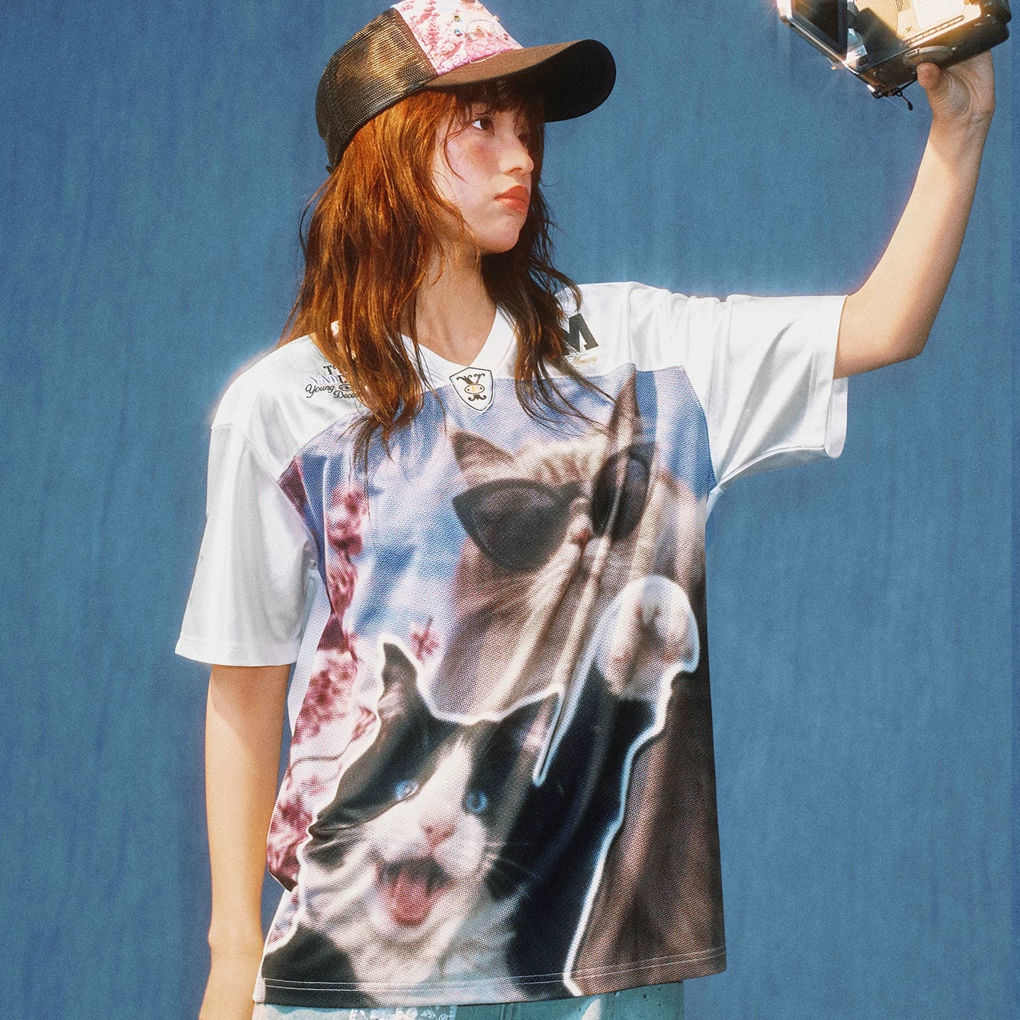 MEDMxYAD collaboration healing cute pet photography print casual short sleeved football suit American retro couple T-shirt summer