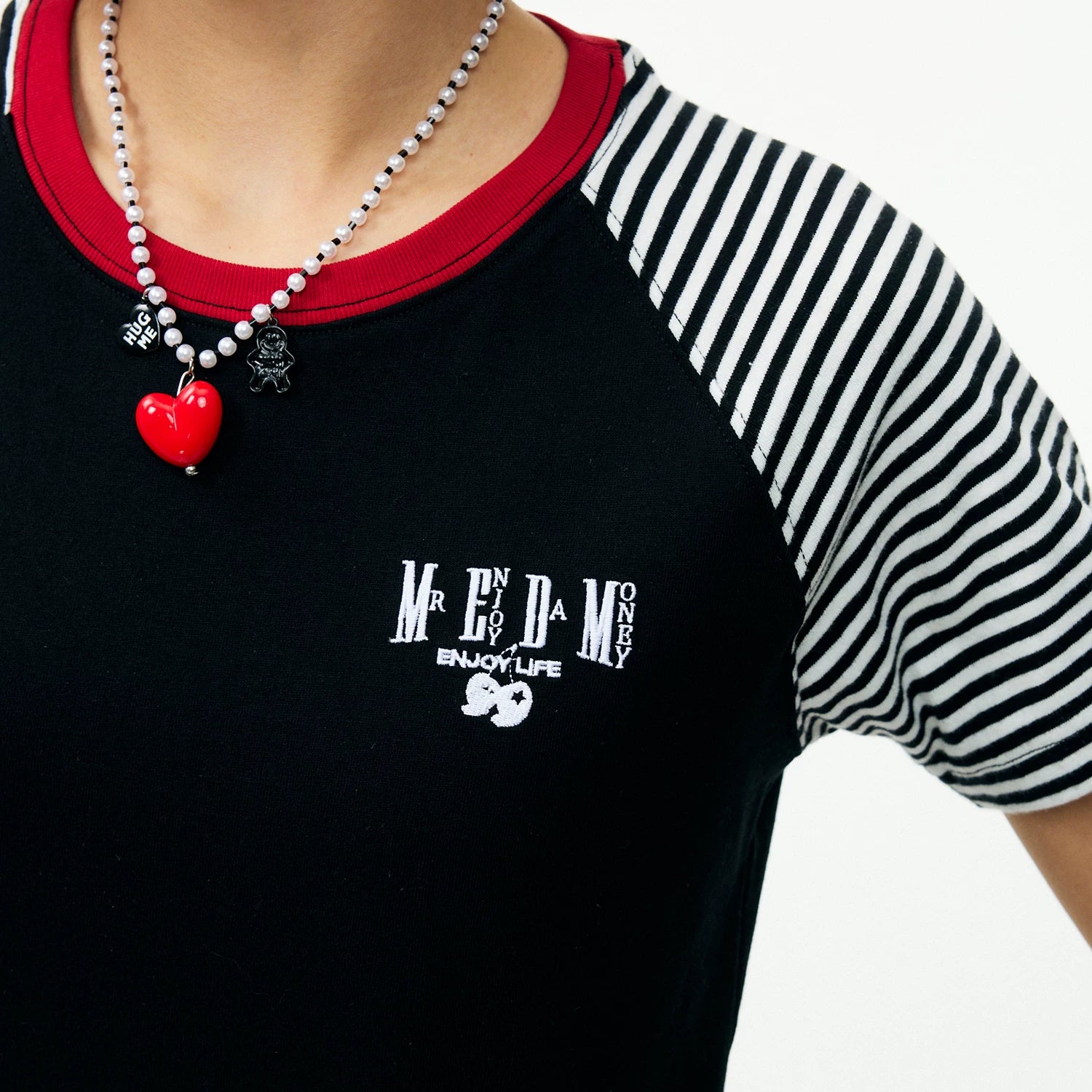MEDM Basic Stripe Splicing Shoulder Sleeve Casual T-shirt Summer American Retro Logo Embroidered Loose Short Sleeve for Women