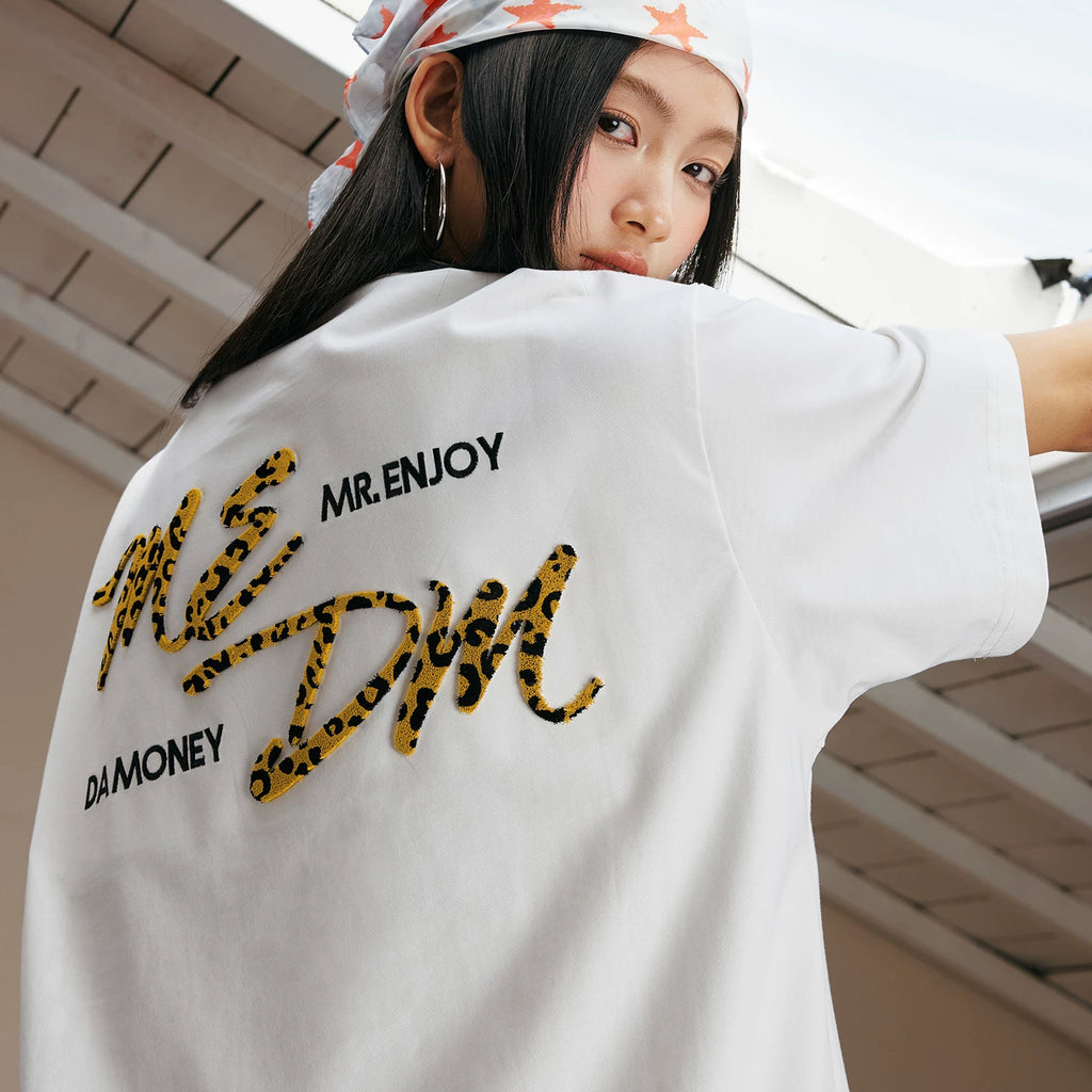 MEDM26SS exquisite leopard print embroidery four character short sleeved women's design sense niche summer T-shirt men's casual top
