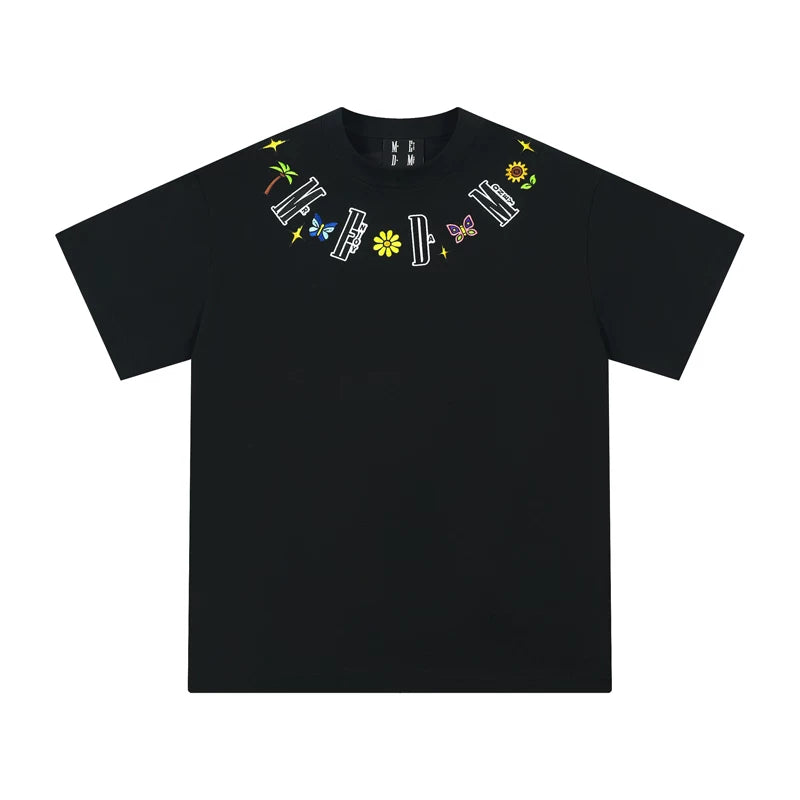 MEDM Butterfly Necklace Embroidered Top Black and White Printed Short Sleeve T-shirt Summer Unisex Versatile Loose Casual T-shirt
