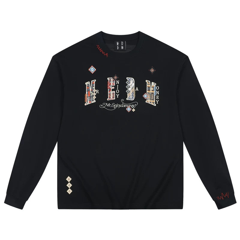 MEDM2025 new product ethnic style small fragrance patch fabric casual long sleeved T-shirt pure cotton round neck couple base shirt top