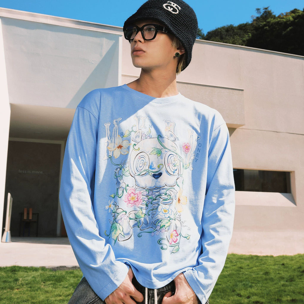 MEDM Skeleton Bear Vine Flower Printed Round Neck Casual Long Sleeve T-shirt Trendy and Comfortable Men's and Women's Top for Spring and Summer