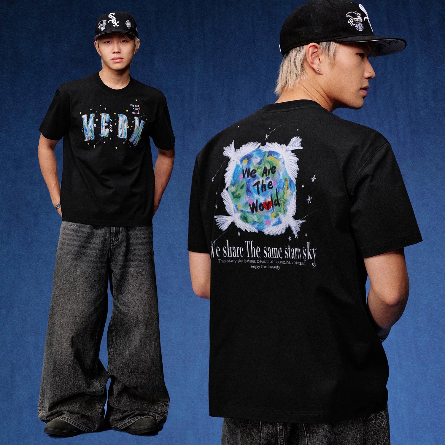 MEDM Same Earth Printed Star Jelly Gel Letter Printed Water Washed Short Sleeve American Retro Casual T-shirt