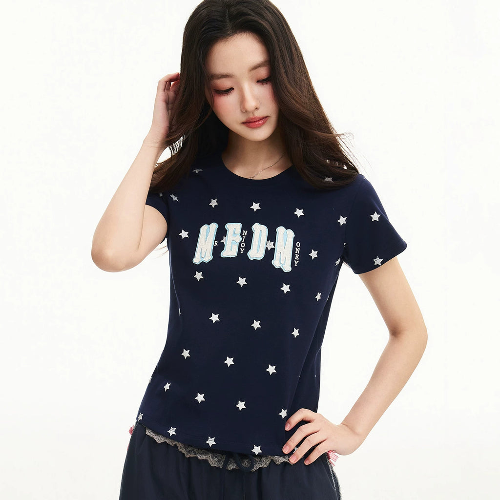 MEDM Little Fragrant Style Double layered Leather Shining Powder Full Star Printed Round Neck Short Sleeve American Retro Spicy Girl Style T-shirt Summer