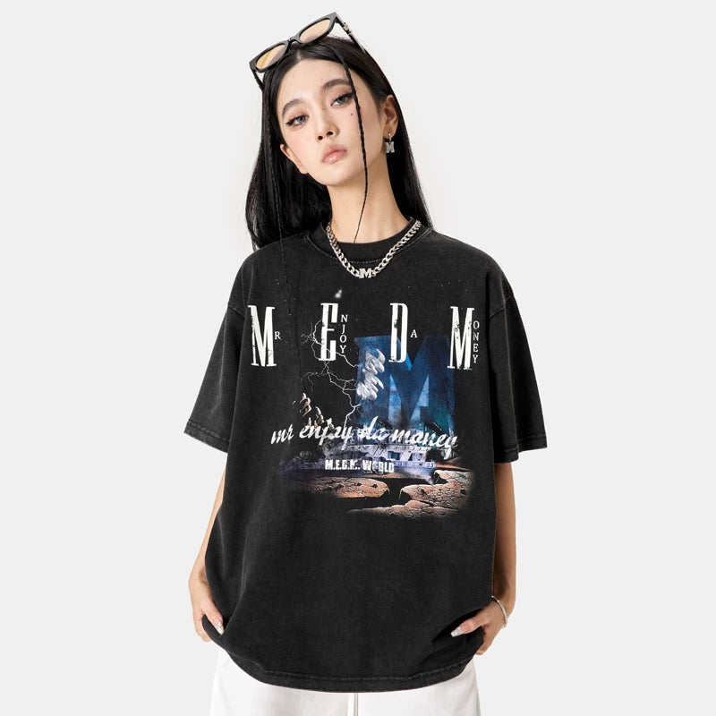 MEDM China-Chic Short Sleeve T-shirt High Street Hip Hop Loose T-shirt Cotton Breathable Couple Top