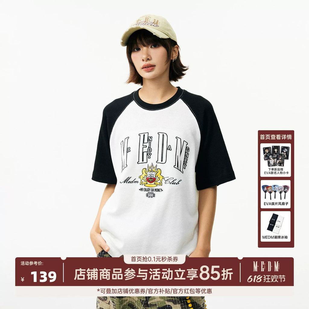 MEDM textured Waffle raglan sleeves, comfortable and breathable loose T-shirt, trendy commuting, contrasting colors, casual short sleeved summer