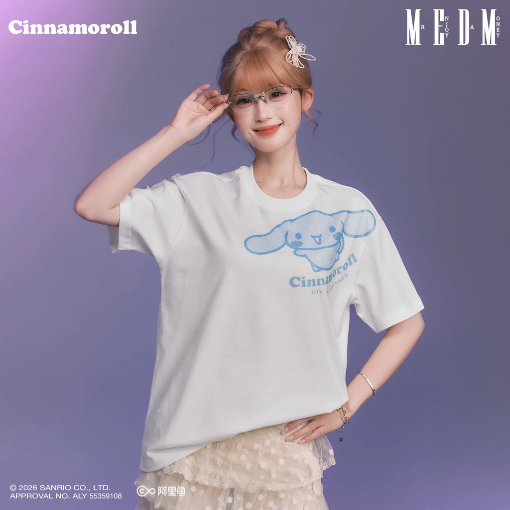MEDM × Sanrio Family Series Sparkling Pink Gradient Big Ear Dog Pattern Casual Round Neck Short Sleeve Couple T-shirt Summer