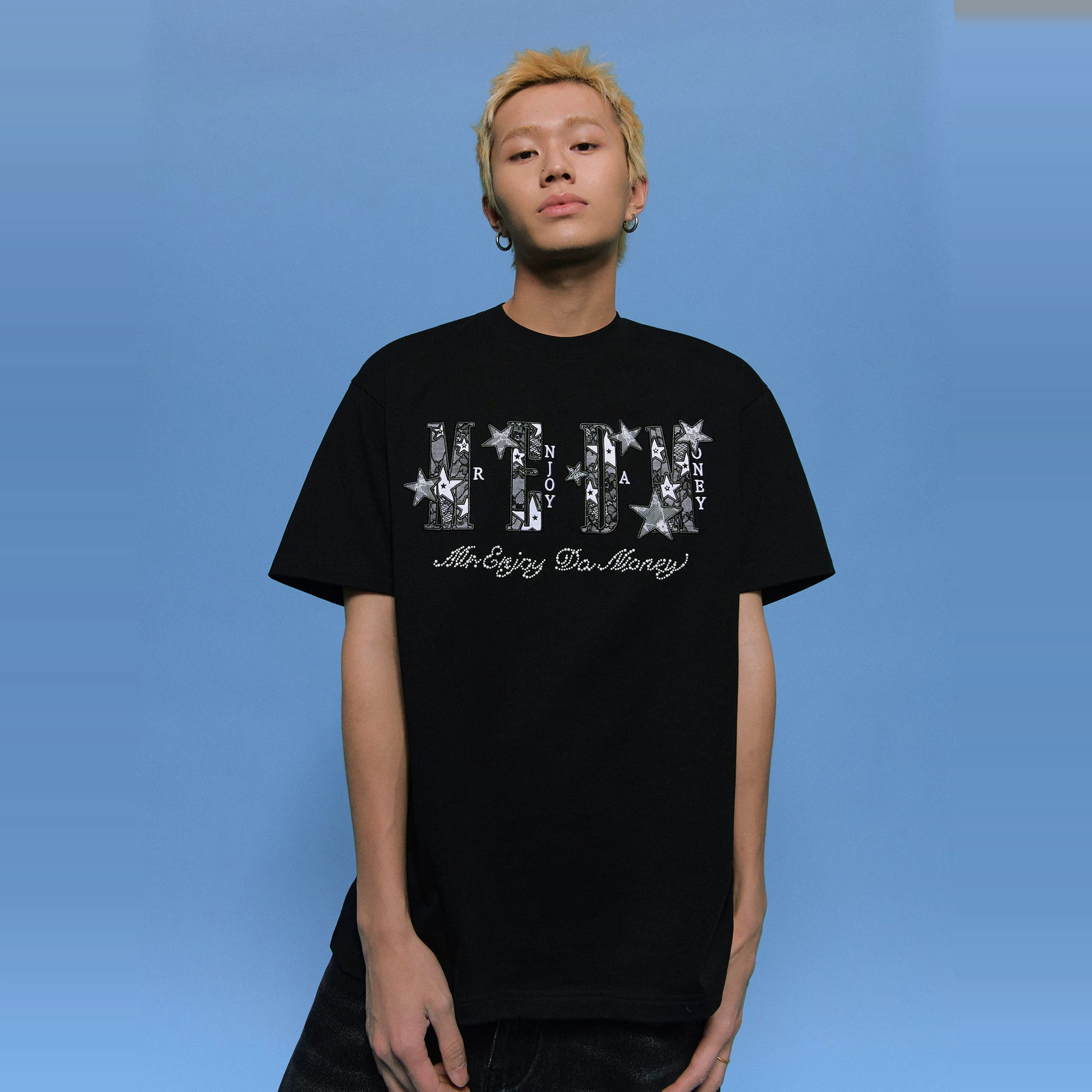 MEDM26SS Star Burst Lace Patch Short Sleeve Men's American Hip Hop Summer T-shirt Women's Casual Couple Tee