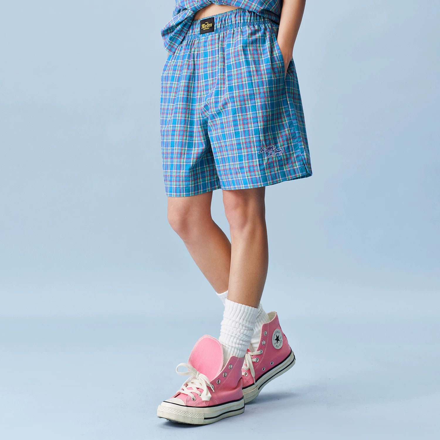 MEDM plaid beach wide leg logo labeled casual pants 26 new loose fitting unisex plaid shorts for summer