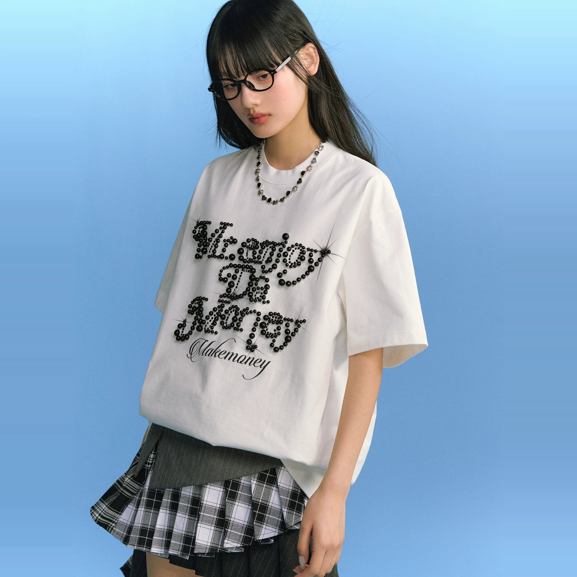 MEDM26SS pearl flower font summer short sleeved T-shirt for men and women, couple style American loose top T-shirt tee