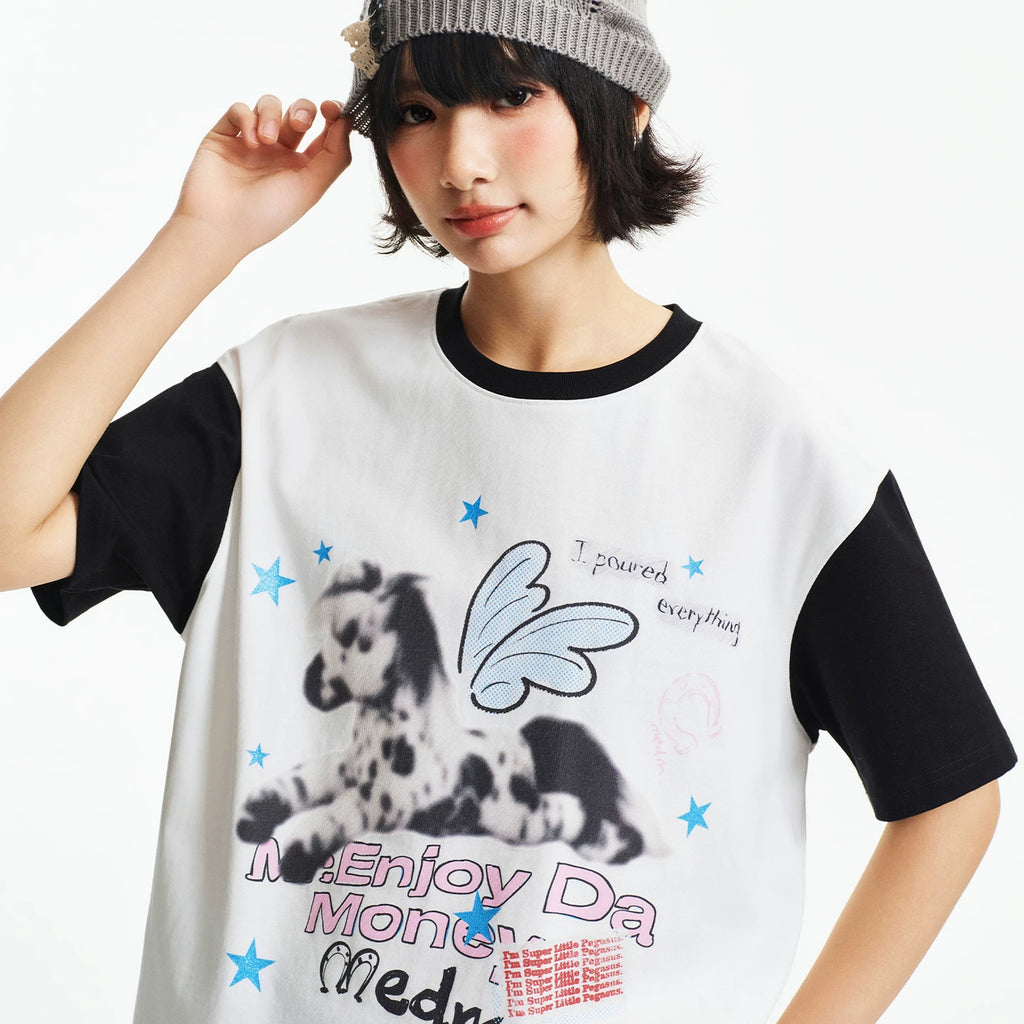 MEDM Fuzzy Pony Printed Sparkling Pink Star Personalized Color blocked Sleeve Casual Short Sleeve Trendy Loose Round Neck T-shirt