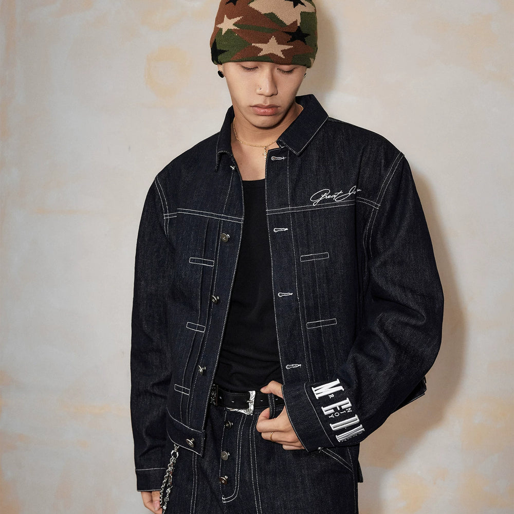 MEDM Original Cow Basic Set Cuff Letter Embroidered Casual Coat Trendy Loose Collar Denim Jacket for Men
