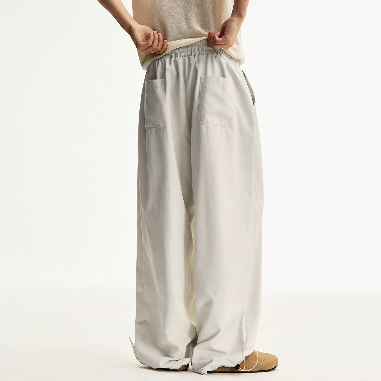 MEDM solid color simple wide leg casual loose straight tube paratrooper pants with side drawstring versatile commuting floor pants for men