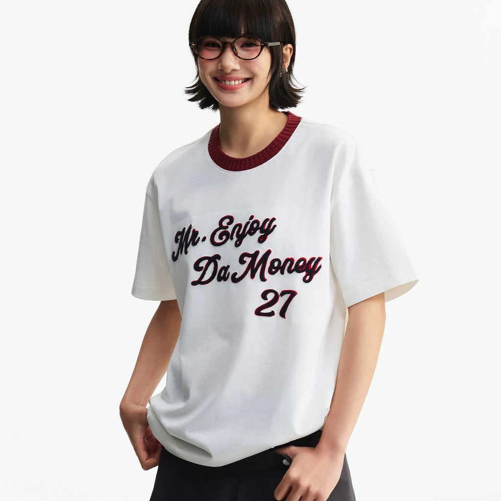 MEDM Color Knitted Letter Plush Round Neck Casual T-shirt Trendy Commuter Men's and Women's Loose Knitted Neck Short Sleeve Summer