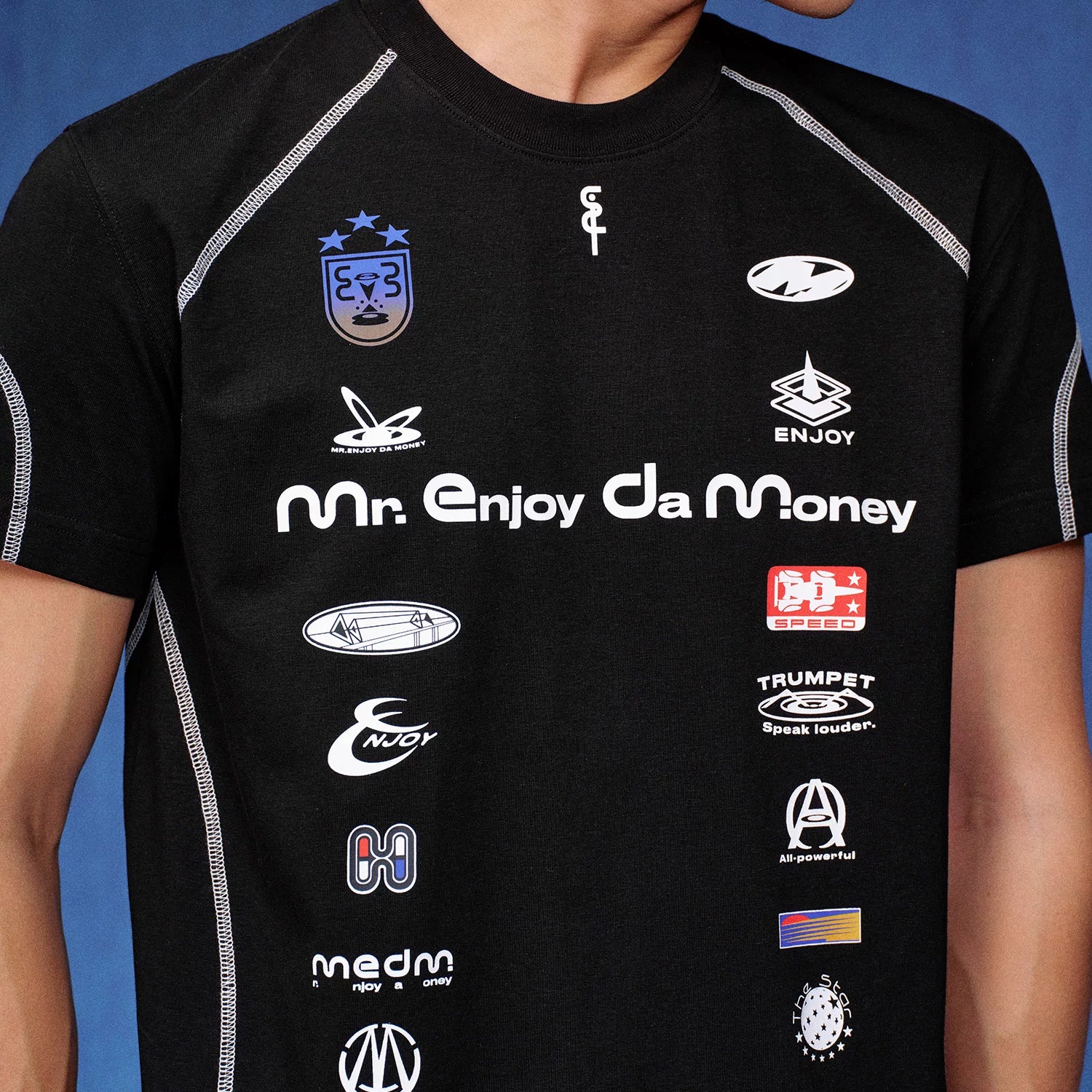 MEDM brand logo layout, stitching, personality, sports and leisure, round neck short sleeved, American trend, raglan sleeve T-shirt, summer