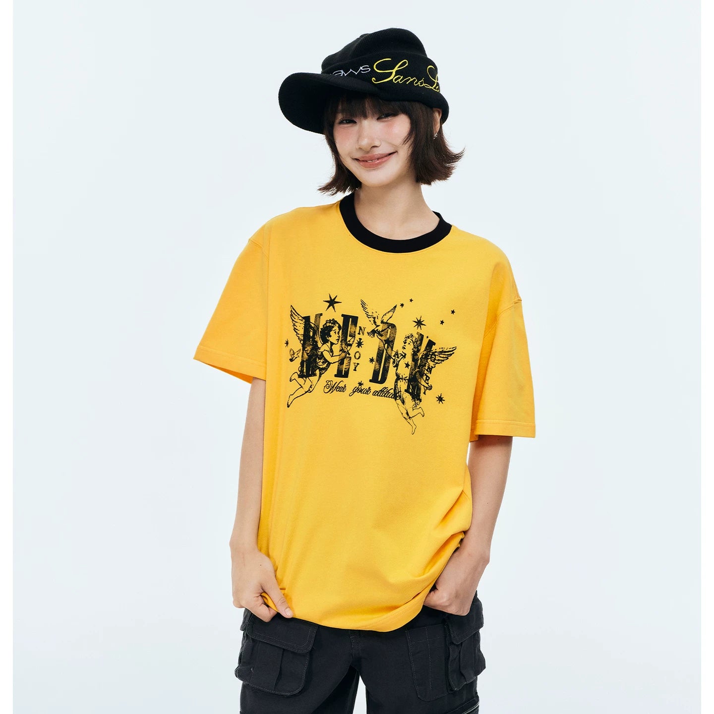 MEDM Little Angel Star Retro Contrast Round Neck Casual Short Sleeve Street Versatile Relaxation Loose Couple T-shirt