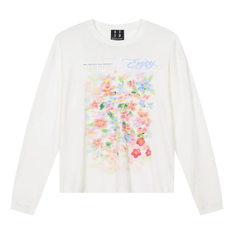 MEDM Spring Flower Shadow Printed Casual Round Neck Hoodie Long Sleeve T-shirt 26 New Breathable and Versatile Loose Top for Women