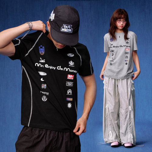 MEDM brand logo layout, stitching, personality, sports and leisure, round neck short sleeved, American trend, raglan sleeve T-shirt, summer