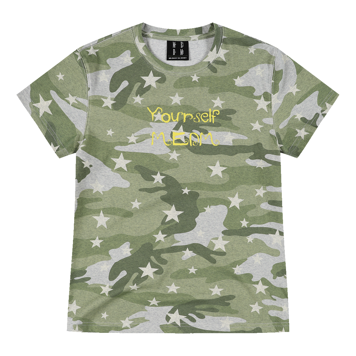 MEDM chest handwritten slogan print camouflage stars full print casual T-shirt American street style round neck short sleeved shirt