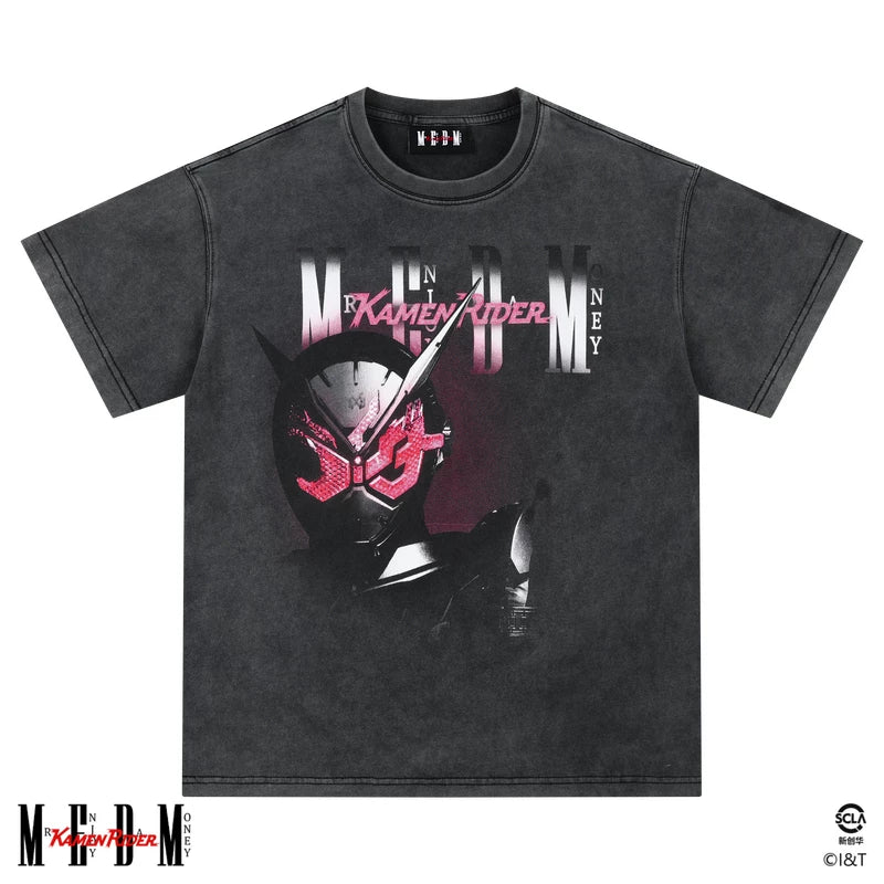 MEDMx Kamen Rider Collaboration - Half body Printed Cotton Washed Outdated Casual Short Sleeve Men's Round Neck T-shirt
