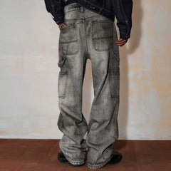 MEDM washed, rubbed, worn, M button casual jeans autumn and winter American street style multi pocket loose pants for men