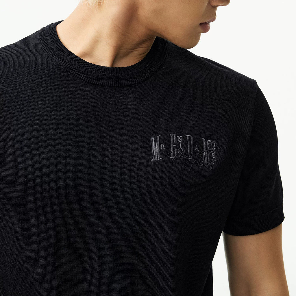 MEDM same color knitted slimming casual round neck T-shirt trendy and versatile solid color simple embroidery logo couple short sleeved shirt