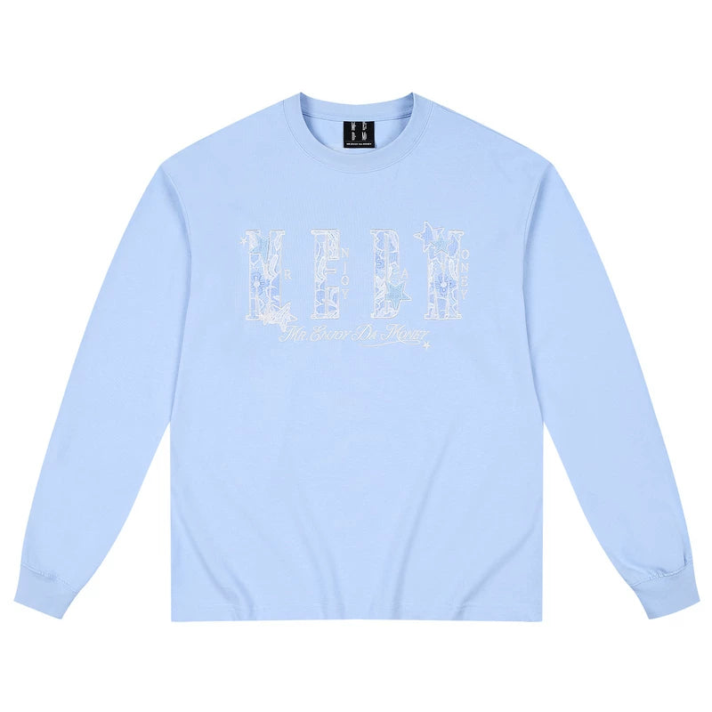 MEDM letter hollowed out flower patch casual long sleeved T-shirt simple and versatile commuting round neck couple top for spring and autumn