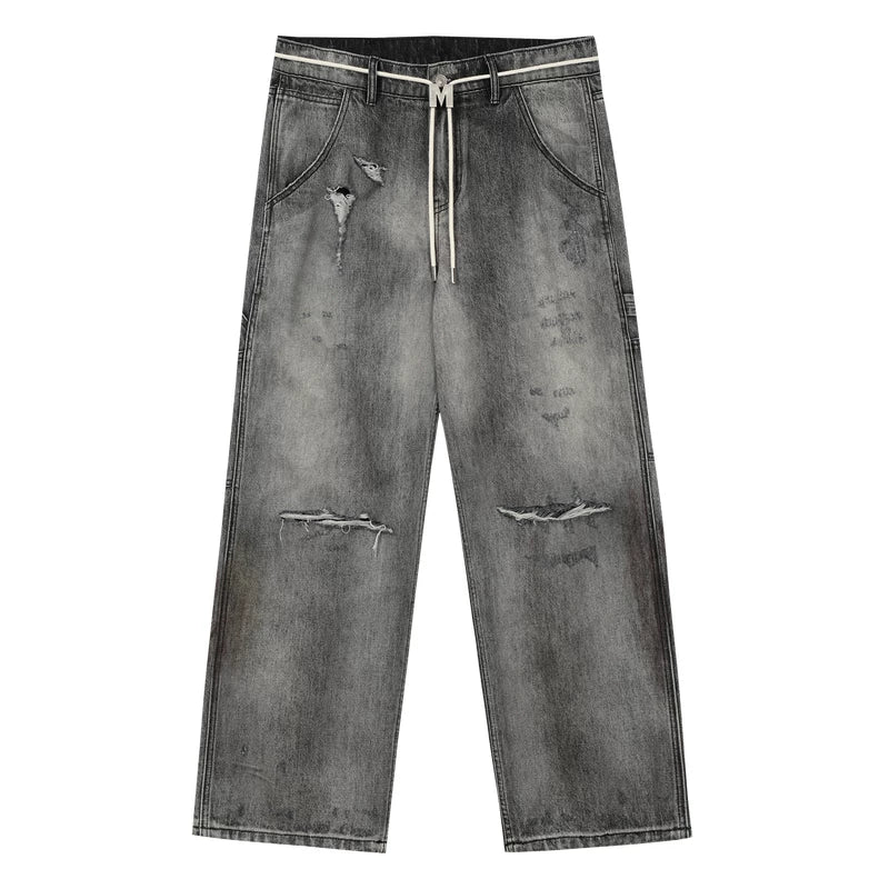 MEDM washed, rubbed, worn, M button casual jeans autumn and winter American street style multi pocket loose pants for men