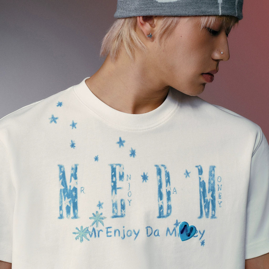 MEDMxNEWMASUS collaboration snowflake fluttering letter print casual round neck short sleeved versatile couple T-shirt summer