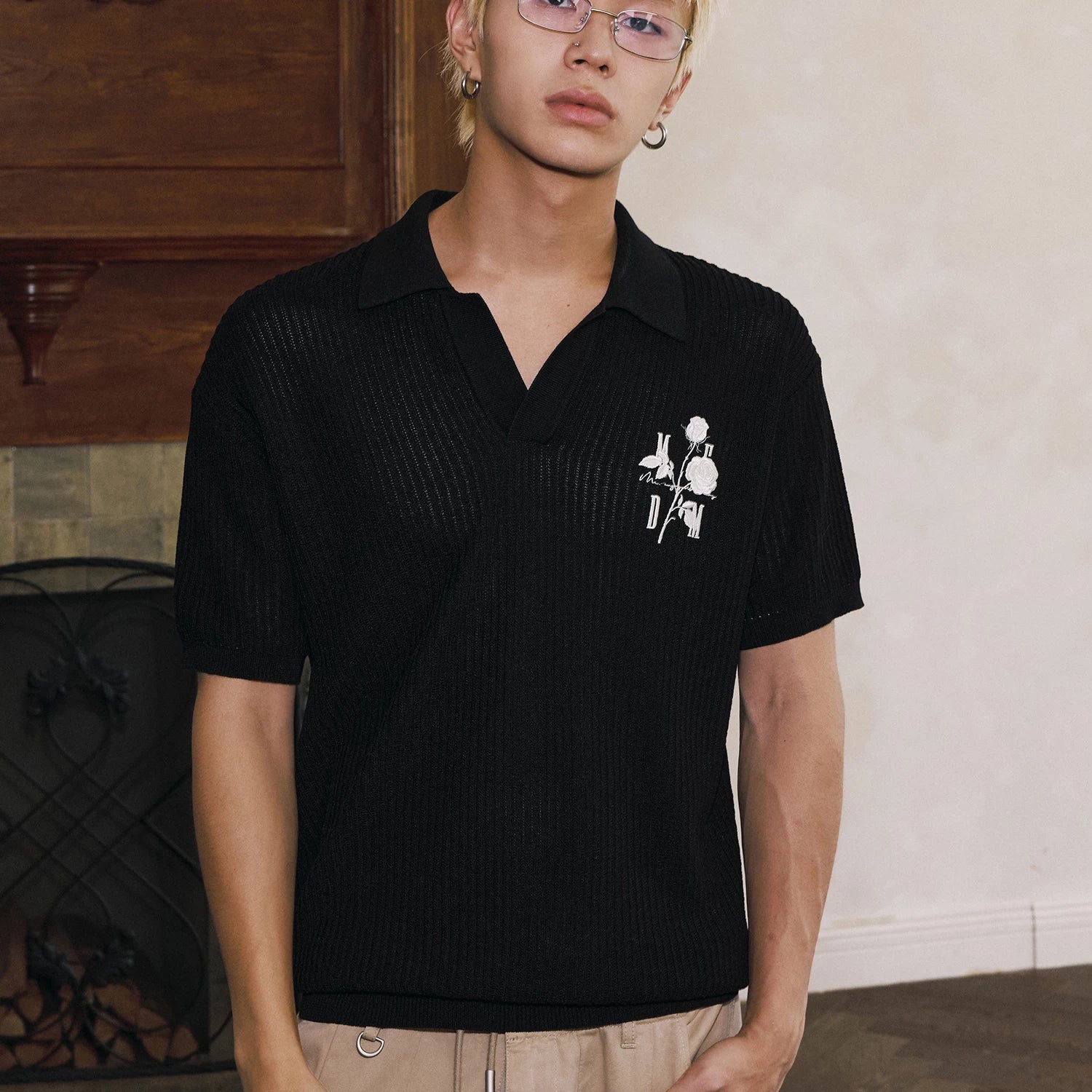 MEDM26SS solid color embroidered rose pattern short sleeved knitted polo shirt, vintage style casual half sleeved T-shirt for men