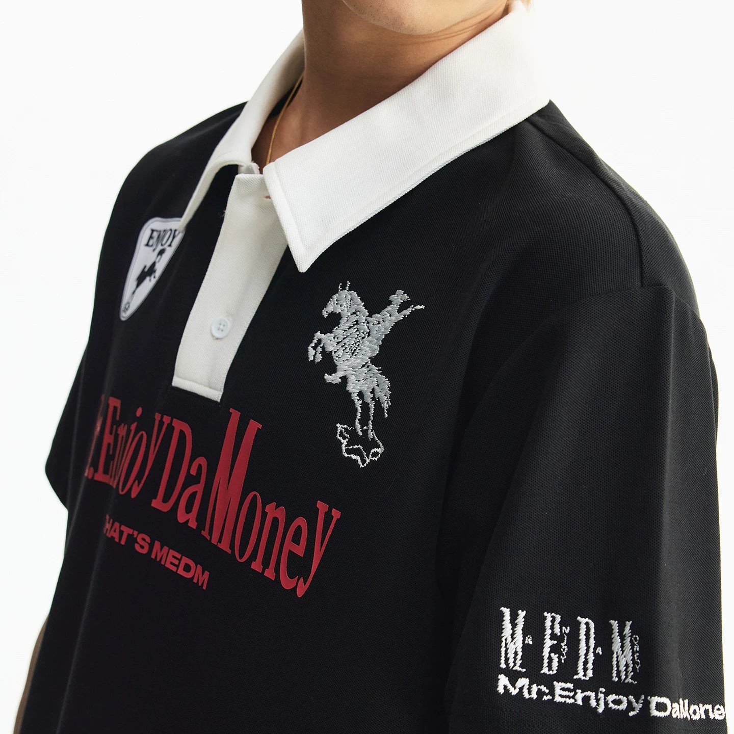 MEDM Mustang Step Star Embroidered Casual Polo Short Sleeve Street Loose Personalized Contrast Splicing Collar Top Summer