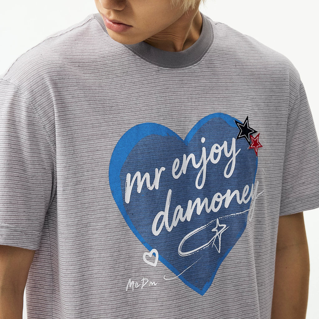 MEDM slim striped heart-shaped graffiti contrasting loose short sleeved trendy letter slim fit sweet cool slightly wide casual T-shirt