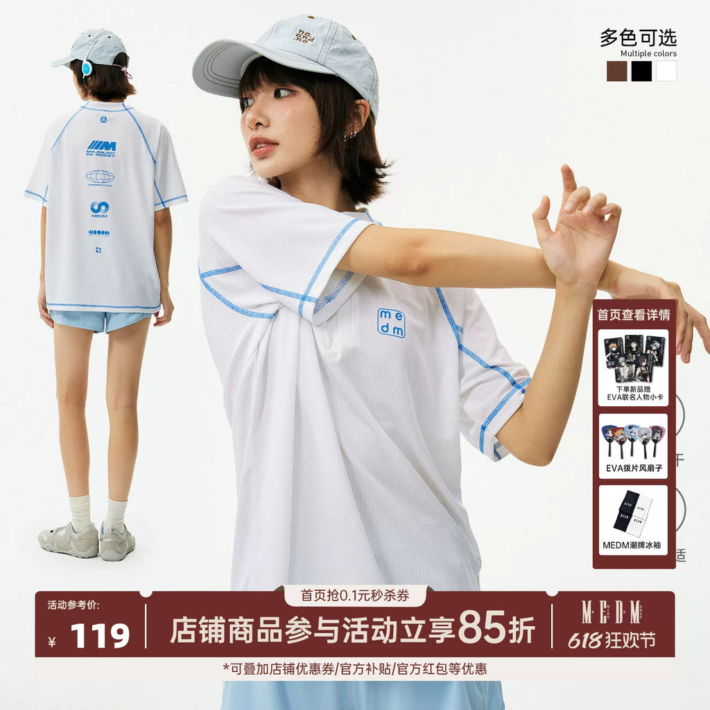 MEDM plaid quick drying half zipper sports style casual short sleeved trendy breathable loose men's and women's T-shirt half sleeve summer