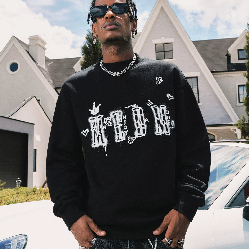 MEDM Graffiti Printed Logo Casual Round Neck Hoodie Autumn/Winter American Street Color Contrast Plus Velvet Couple Top
