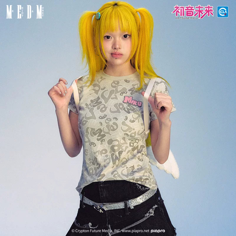 MEDMx Hatsune Miku Women's AOP Camouflage Short Sleeve T-shirt 2025 New Summer Casual Loose Top