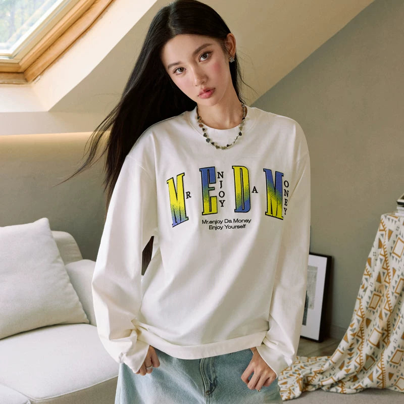 MEDM toothbrush embroidered seal long sleeved T-shirt for men's autumn loose top for women's American hip-hop couple casual T-shirt